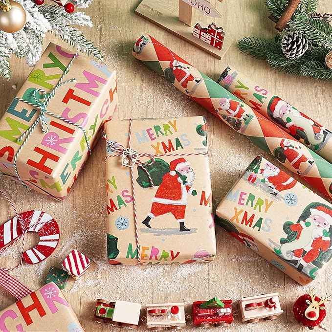 RUSPEPA Christmas Wrapping Paper Roll Set, Mini Rolls, Vintage Santa, Merry Christmas Text and Holiday Scenes Design Gift Wrap for Kids, Adults and Holiday, 3 Rolls, 17 inches x 10 feet per Roll