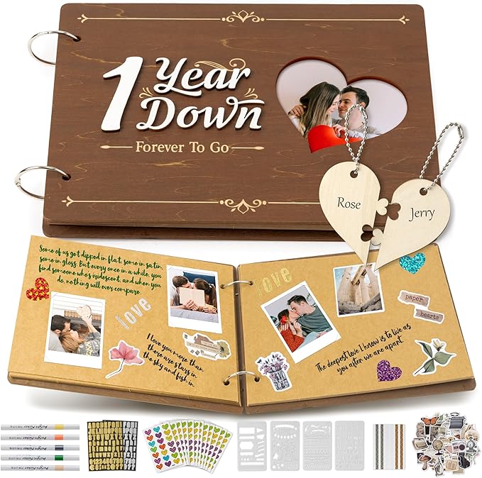 CY2SIDE One Year Anniversary Couple Gifts - 111PCS 1st Down Photo Wooden Album Scrapbook Craft Kit Included Wood Cover Heart Puzzle Brown Paper Sticker Marker Template for DIY Anniversary Dating Gifts