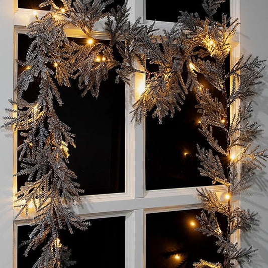 6 FT Silver Artificial Christmas Garland, Faux Spruce Evergreen Garland with 20 LED Lights, Lighted with Timer, Perfect for Christmas Indoor Outdoor Decoration