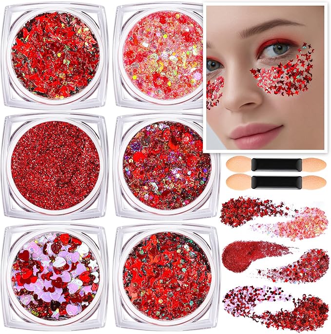 Teenitor Face Glitter, Red Body Glitter Gel, Hair Glitter, 6 Shapes Festival Rave Body Makeup Glitters Gel, Chunky Sparkling Glitter for Face, Body and Hair