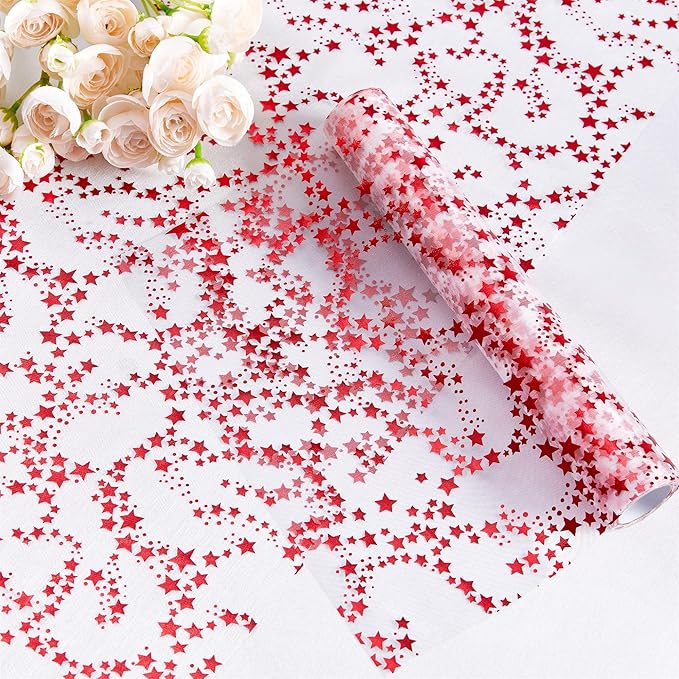 YATOJUZI Red Tulle Table Runner,16 Ft Star Sheer Chiffon Table Runner,Sequin Glitter Metallic Foil Red Table Decorations Centerpiece for Wedding Birthday Christmas Party