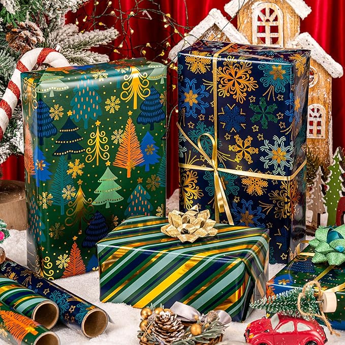 MAYPLUSS Christmas Wrapping Paper - 17 In x 120 In Per Roll - Vintage Navy Snowflake, Emeraled Green Chritmas Tree & Gold Stripe Design Holiday Gift Wrap w/Metallic Foil Shine for Festive Celebration