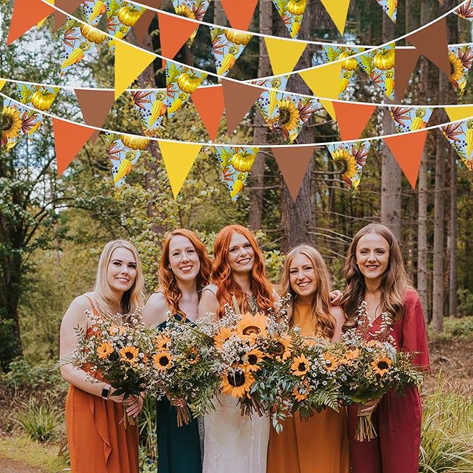 32Ft Orange Yellow Brown Banner Pumpkin Triangle Flag Fabric Pennant Garland Bunting for Happy Fall Decor Thanksgiving Day Harvest Autumn Wedding Birthday Party Home Outdoor Garden Hanging Decoration