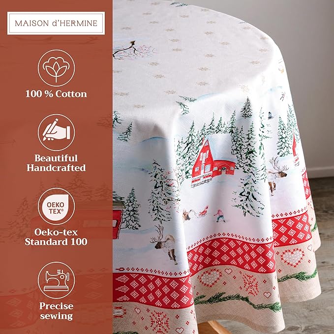 Maison d' Hermine Table Cloth Round Table 100% Cotton 63 Inches Fall Tablecloth Reusable Everyday Use for Thanksgiving Christmas Decorations Dining Farmhouse Party (Rural Christmas)