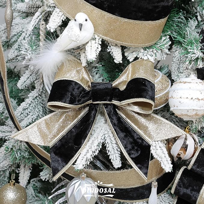 Black Velvet Wired Christmas Ribbon 4 Inch Extra Wide Thick Black and Gold Glitter Holiday Ribbon – 10-Yards Roll for Tree Decorations, Gift Wrapping, Wreaths, and DIY Crafts