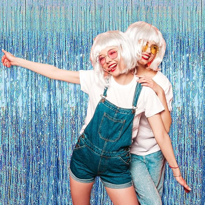 6 Pack Light Blue Foil Fringe Curtains Backdrop, 3.28 x 8.2 Ft Metallic Streamers Tinsel Curtains Background for Photo Booth, Birthday, Christmas, Halloween, Thanksgiving, New Year Party Decorations