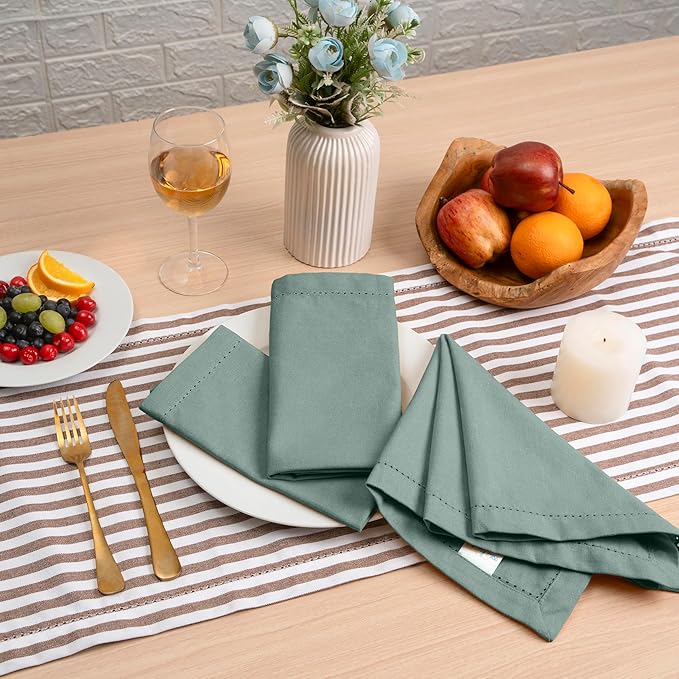 Blue Needles Set of 12 Hemstitch Linen Napkins 100% Cotton Hunter Green Cloth Dinner Napkins 18x18 inches, Soft, Reusable Absorbent Washable, Ideal for Fall Thanksgiving Events, Parties & Everyday Use