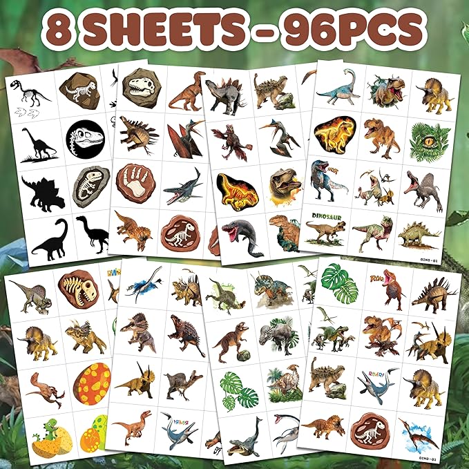 96 PCS Dinosaur 3D Pre-Cut Temporary Tattoos for Kids | Super Cute Themed Birthday Party Favors, Supplies, Decorations, Funny Jungle Fake Tattoo Stickers (Multiple)