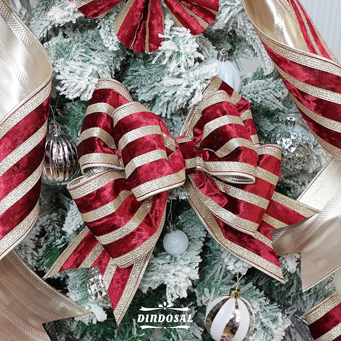 Burgundy Velvet Wired Ribbon with Champagne Glitter Stripe 4 Inch Crushed Velvet Extra Wide Christmas Ribbon, 10 Yards for Gift Wrapping, Crafts, Tree Decorations, Wreath Supplies, Garlands