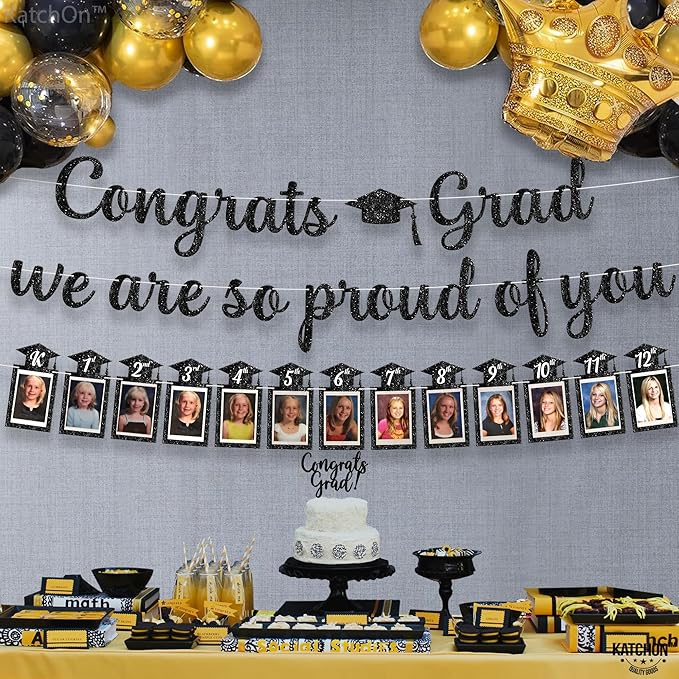 KatchOn, Glitter Black Congrats Graduation Banner - Large, No DIY, 10 Feet | We are So Proud of You Banner | K-12 Grad Photo Banner for Graduation Decorations 2025 | Grad Decorations Class of 2025