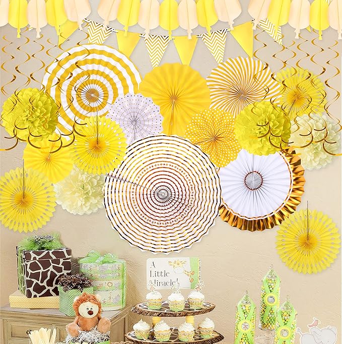 Moon Boat 35PCS Party Decorations Paper Fan Hanging Set - Birthday,Baby Shower,Lemon,Sunflower Theme Decor (Yellow)
