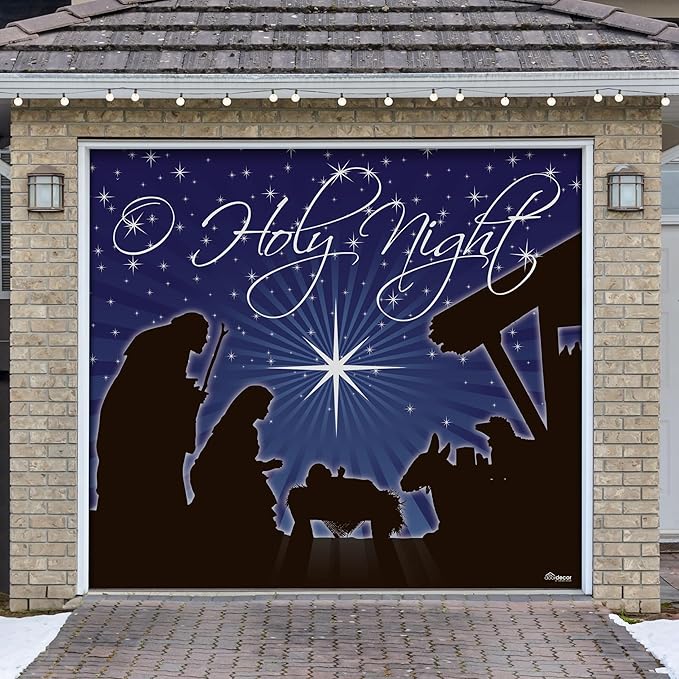 7' x 8' Peaceful O Holy Night Nativity Garage Door Banner - Designed to Move with Door | Sacred Christmas Single Garage Door Decoration