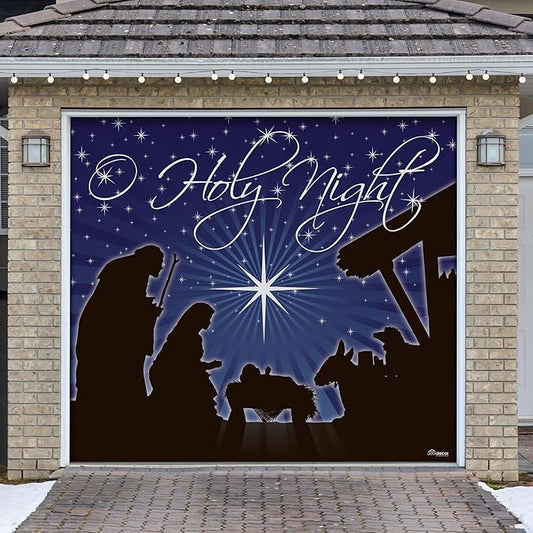 7' x 8' Peaceful O Holy Night Nativity Garage Door Banner - Designed to Move with Door | Sacred Christmas Single Garage Door Decoration