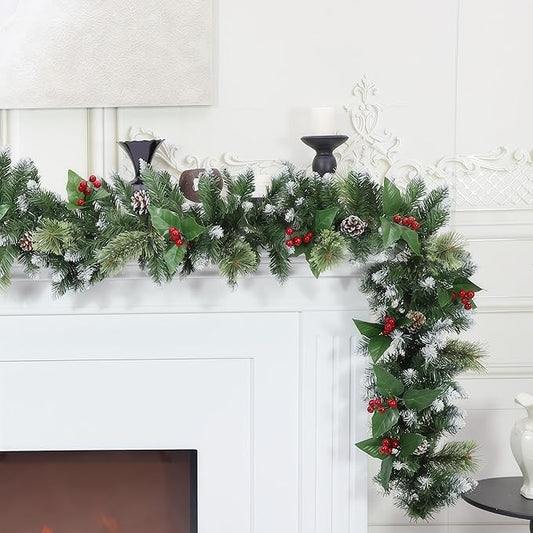 9ft Christmas Garland with Lights,Lighted Artificial Flowering Pine Garland for Mantle,Prelit Faux Green Christmas Winter Garland with Pine Cones and Red Berry for Indoor Outdoor Decor