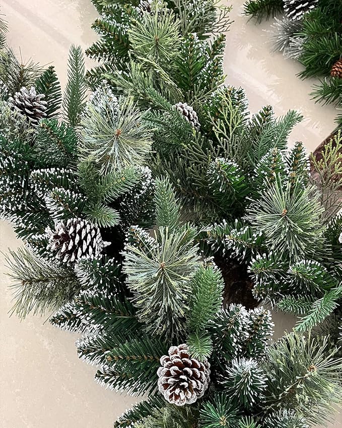 9Ft Pre-Lit Christmas Garland, Plug in, Green, 50 White Lights, Fireplace Stairs Mantle Door Indoor Outdoor, Decorated Pine Cone and Snow Style