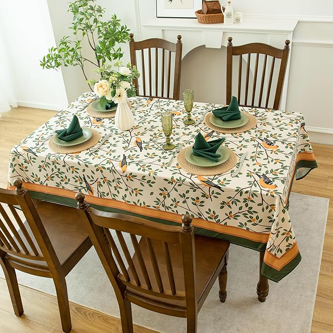 French Tablecloth Waterproof, Kumquat and Oriole Vintage Style Print – Stain Resistant, Washable Fabric Table Cover for Dining, Kitchen, Party, Vibrant Nature-Inspired Home Decor, W52 x L70