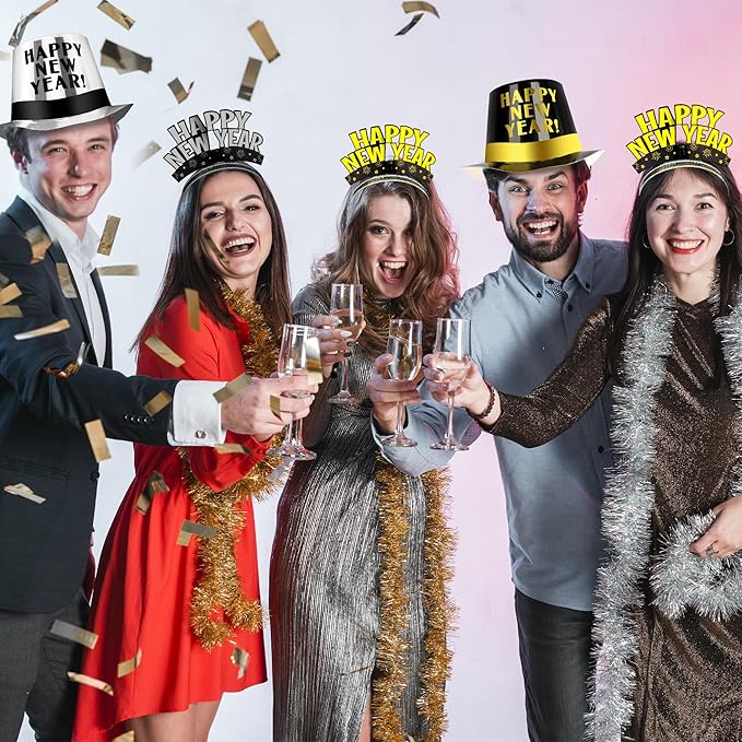 60PCS New Years Eve Party Favors, 30 People New Years Party Hats, Happy Eve Accessories Gold Silver Black, Cardboard Cone Hat Top Party Horn Blowers Tiara Party Supplies Decorations