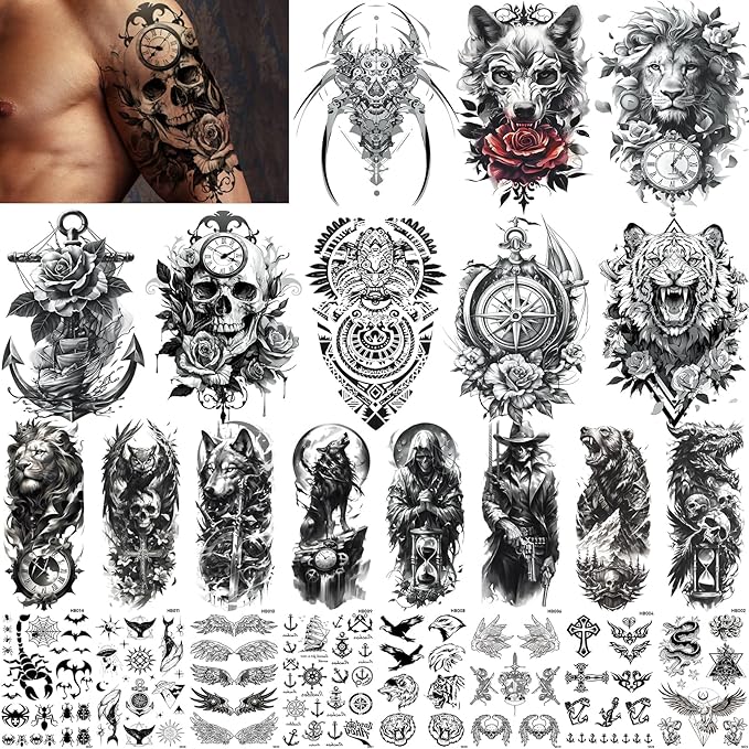 Aresvns 3D Half Sleeve Black Temporary Tattoos, Lion Wolf Skull Military Totem Fake Tattoo, Halloween tattoo stickers for Men Women,Cosplay BBQ Beach Pool party go Hiking Camp accessories