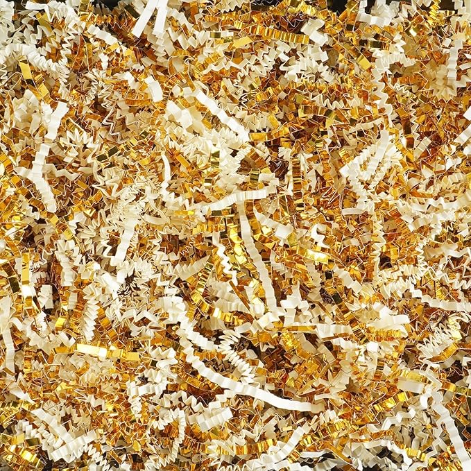 Uptotop 2 LB Crinkle Cut Paper Shred Filler for Gift Wrapping Basket Filling, Birthday, Christmas, Thanksgiving, Wedding, Mother's Day (White and Gold)