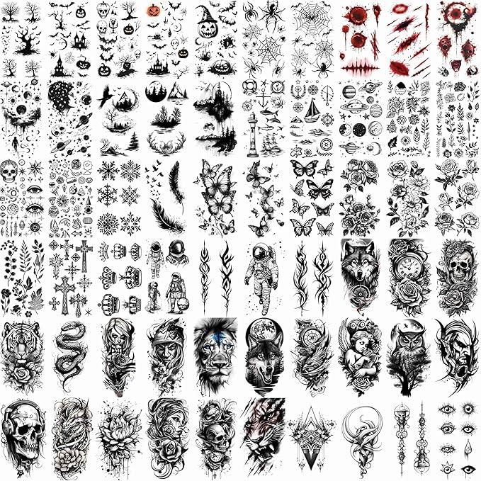 72 Sheets Halloween Temporary Tattoos for Men Women Adults - Black 3D Realistic Scary Animals Skulls Scars, Fake Tattoos Set for Cosplay Arm Sleeve Neck, Waterproof Long-Lasting Body Tattoo Sticker