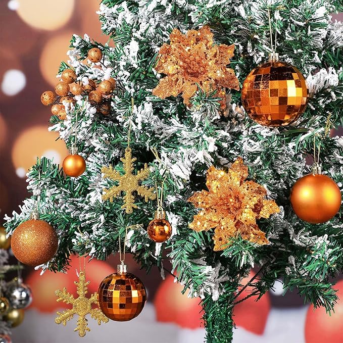 Sratte 94 Pcs Christmas Tree Decorations Set, Christmas Tree Ball Ornaments Glitter Poinsettia Flowers Decorations Glitter Berries Stems for Xmas Holiday Wedding(Orange)