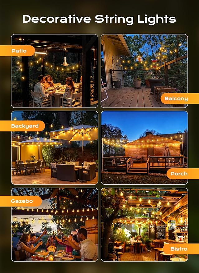Outdoor-String-Lights-Patio-Lights, 100FT ST38 Shatterproof Dimmable Waterproof Connectable LED Christmas Lights, Hanging Outside Light for Backyard, Porch, Deck, Balcony, Garden, Home Decor
