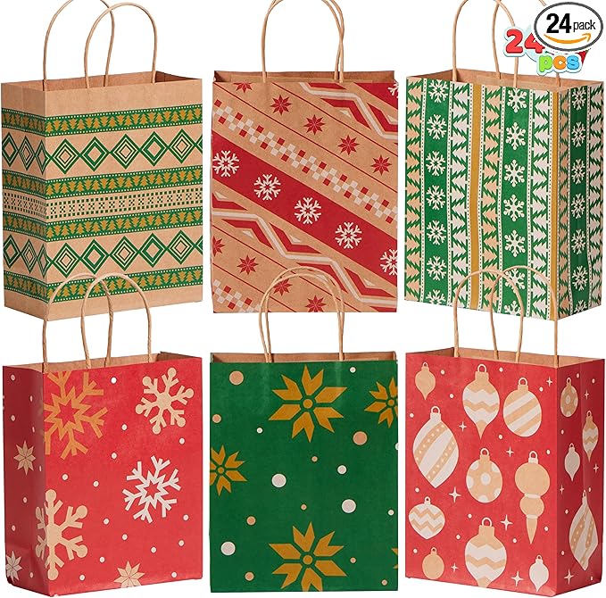JOYIN 24 PCS Christmas Kraft Bags Holiday Paper Goody Gift Bags with Handles for Xmas Gifts Wrapping Party, Giant Gifts Decorations, Classrooms and Party Favors (Red+Green, 9" x 7.3" x 3.3")