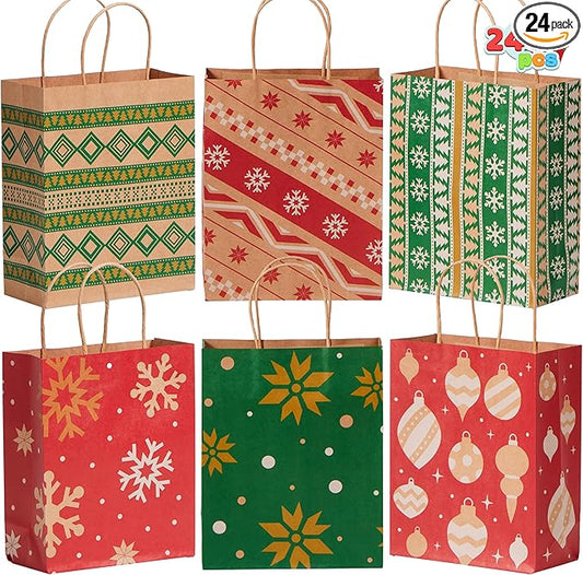 JOYIN 24 PCS Christmas Kraft Bags Holiday Paper Goody Gift Bags with Handles for Xmas Gifts Wrapping Party, Giant Gifts Decorations, Classrooms and Party Favors (Red+Green, 9" x 7.3" x 3.3")