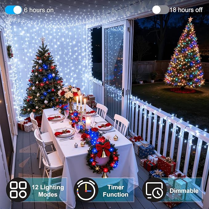 350LED 90FT Christmas Lights Indoor Outdoor, 12 Modes Cool White Outdoor String Lights with Timer & Dimmable, Green Wire Christmas String Lights for Tree Patio Yard Fence Bedroom Wedding Garden Decor