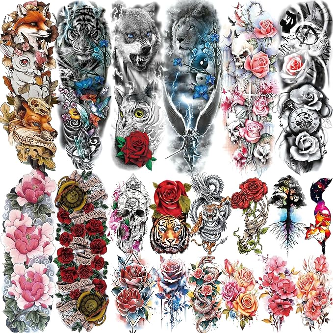20 Sheets Sexy Rose Flower Full Arm Temporary Tattoos For Women Girl, Large Peony Lotus Florals Wolf Lion Tiger Fox Skull Fake Sleeve Tattoo For Adults, Watercolor Skull Halloween Tattoo Stickers