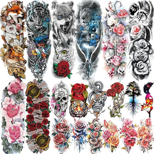 20 Sheets Sexy Rose Flower Full Arm Temporary Tattoos For Women Girl, Large Peony Lotus Florals Wolf Lion Tiger Fox Skull Fake Sleeve Tattoo For Adults, Watercolor Skull Halloween Tattoo Stickers