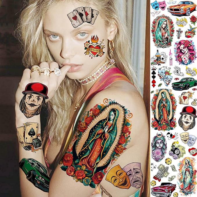 6 Sheets 3D Mexico Chicano Temporary Tattoos For Women Men Adults, Watercolor Guadalupe Tattoo Sticker, Prison Gangster Cholo Joker Chicana Halloween Tattoos Face, Tatuajes Temporales Autocolante