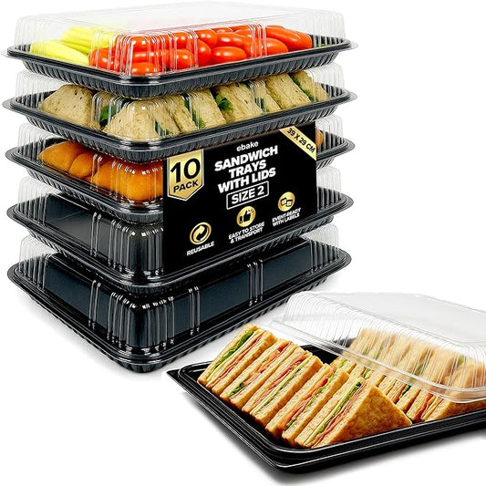 10 Pack Catering Trays with Lids – 15" Serving Tray with Lid, Heavy Duty Recyclable Plastic Party Platters for Catering, Buffet, Picnics & Events – Food Tray with Clear Lid (15.35 × 11.42 × 2.95 inch)