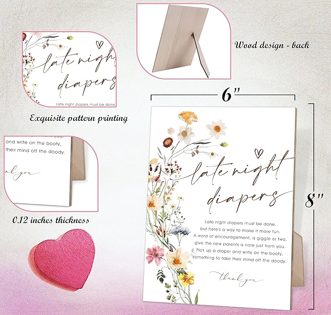 Flower Baby Shower Games Late Night Diapers Sign, Baby Shower Table Decorations for Gender Reveal Party, Centerpiece Party Decorations, Gender Reveal Gifts, 6X8 Inch Wooden Sign with Stand, 8