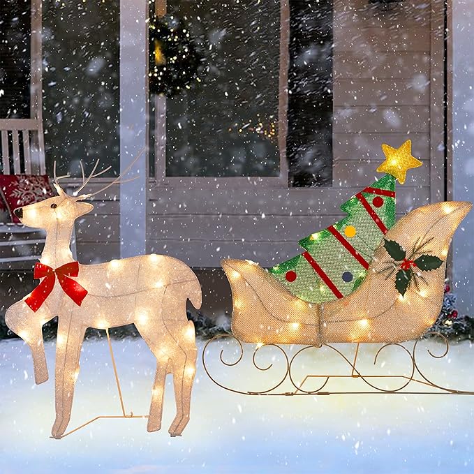 ATDAWN Lighted Christmas Reindeer Sleigh Yard Decoration, 50 Lights Christmas Deer Outdoor Decoration, Light Up Display