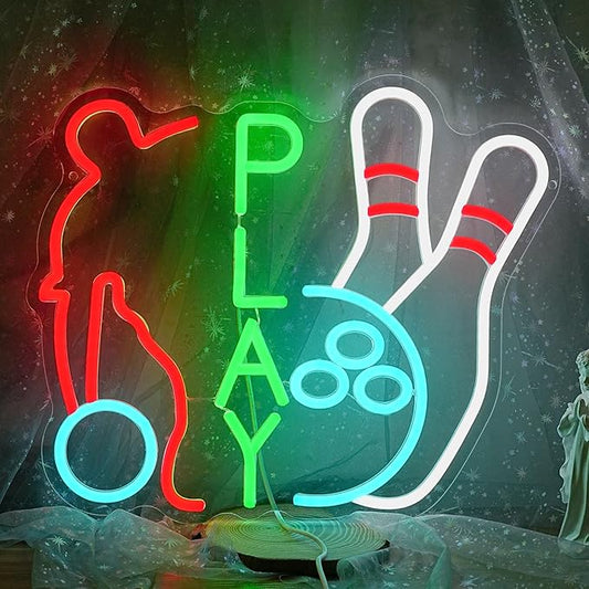 Play Sports Neon Sign for Wall Decor Basketball Neon Light Dimmable Bowling Ball Led Light Up Sign Sports-themed Led Light Sign for Boys Bedroom Gym Stadiums Man Cave Party (16.5 * 12.6 In)