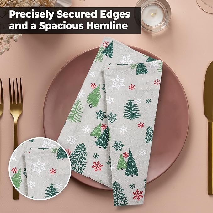 Urban Villa Christmas Cloth Napkins Green Trees Print Set of 12 100% Cotton Absorbent Dinner Napkins (20X20 Inches)Over Sized Soft Durable Reusable Washable Ideal for Home Wedding Parties Everyday use