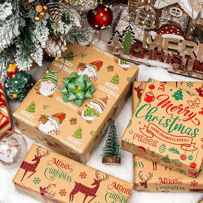MAYPLUSS Christmas Wrapping Paper Jumbo Rolls - 30IN X 120IN - 4 Roll - Kraft Merry Christmas Reindeer Gnome Stripe for New Year Holiday Party Kids