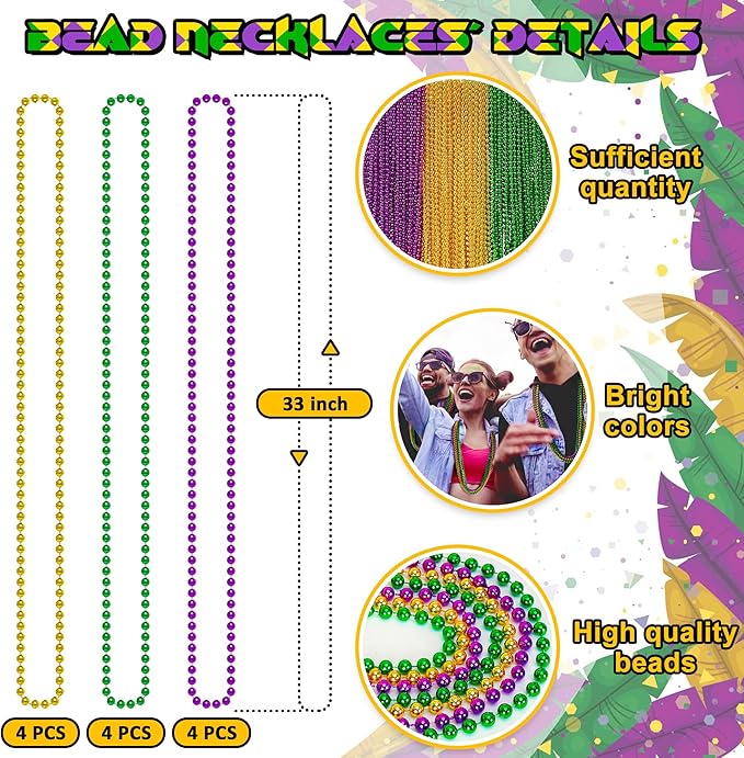 12PCS Mardi Gras Beads, Green Purple Gold Mardi Gras Metallic Costumes Necklaces Bulk, Mardi Gras Beads Necklace Costumes Accessory Sets for Parade Throws Party Decorations Favor Supplies