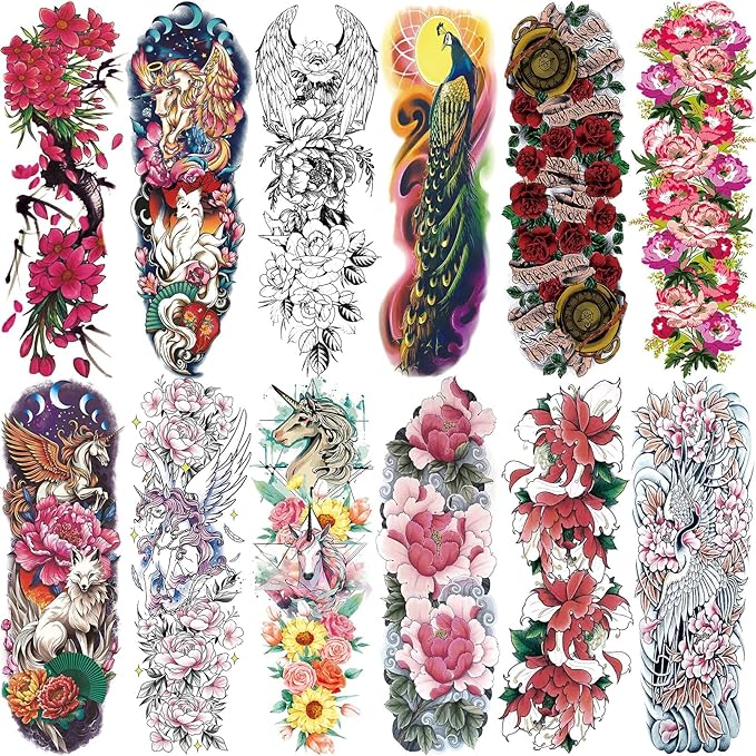 Aresvns Spring Sleeve Temporary Tattoo for women and gils, Beautiful Floral Waterproof Fake Tattoo,Roses Peacock Temp tatoo for BBQ Pool Beach Party