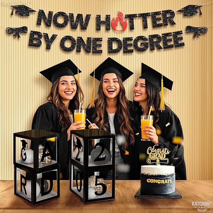 Katchon, Now Hotter By One Degree Banner-10 Feet | Congrats Grad Banner | One Degree Hotter Decorations | Graduation Backdrop |orange Graduation Decorations 2025 | Glitter Black graduation Banner