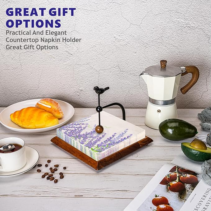 Wooden Napkin Holder with Bird-Shaped Handle – Elegant Flat Napkin Holder with Weighted Arm for Paper Napkins, Cocktail Napkins – Perfect for Kitchen, Dining Table, Café, and Bar – Ideal Holiday Gift