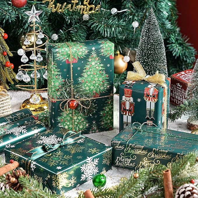 WRAPAHOLIC 30 Inch Nutcracker Christmas Wrapping Paper Roll - Jumbo Roll Green Christmas Tree, Snowflakes and Nutcracker with Metallic Foil Shine Design - 4 Rolls - 30 Inch x 120 Inch Per Roll