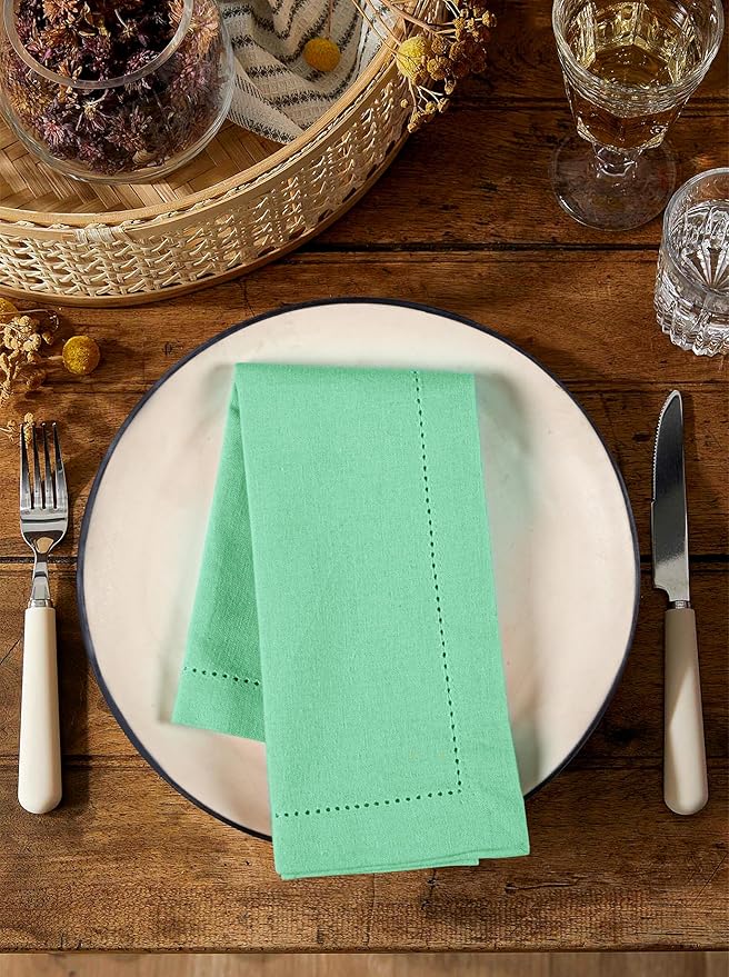 Palisa Cloth Dinner Napkins with Hemstitched Detailing & Mitered Corners Set of 4 (18x18 Inches) Mist Green - Cotton Reusable Dinner Napkins - Perfect for Weddings & Everyday Use