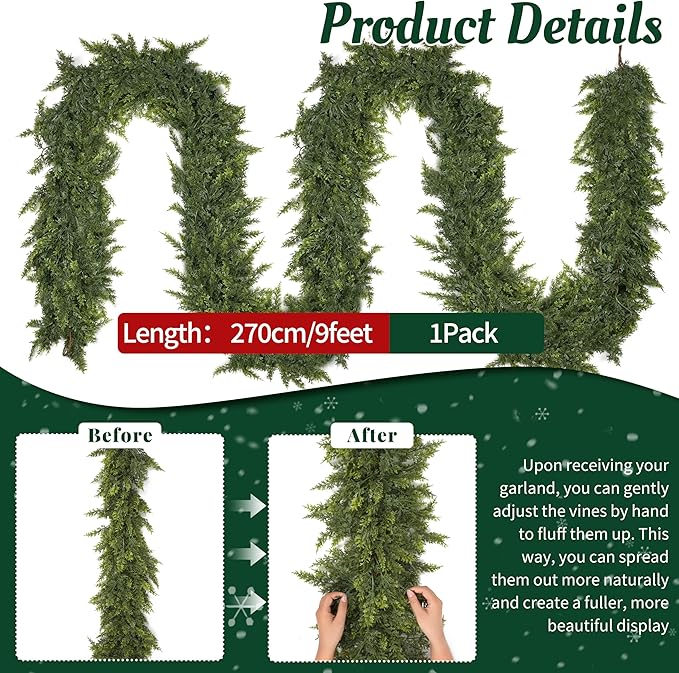 Palonu 9Ft Christmas Cedar Garland, Artificial Realistic Greenery Faux Garlands Touch Like Real Pine Needles Xmas Décor, Fireplace Mantle Table Stairs Porch Indoor Outdoor Holiday Decoration