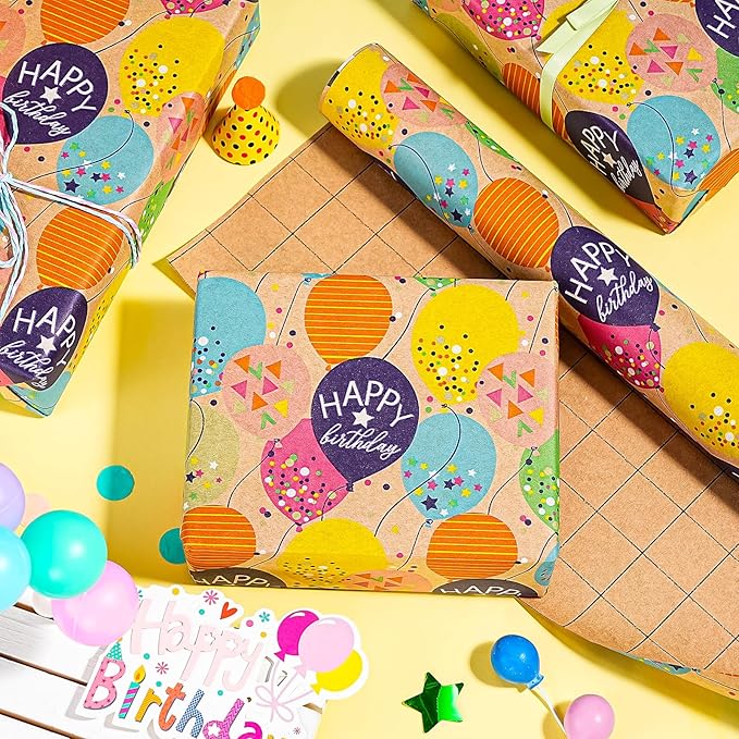 WRAPAHOLIC Kraft Birthday Wrapping Paper Roll - Mini Roll - 17 Inch x 33 Feet - Colorful Balloon with Confetti Design for Girls Boys Kids, Baby Shower, Party