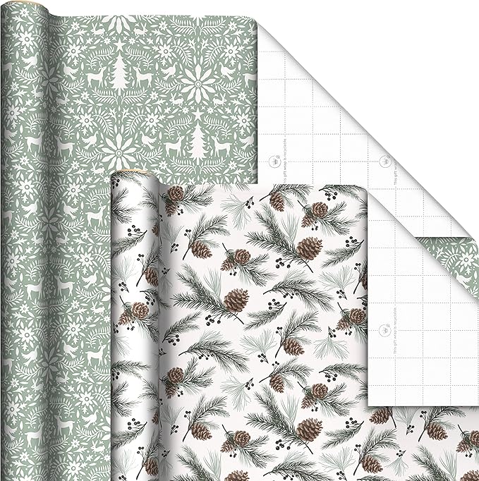 Hallmark Recyclable Neutral Christmas Wrapping Paper (4 Rolls: 100 Sq. Ft. Ttl) White and Sage Green Evergreen Pinecones, Rustic Snowmen, Plaid, Nordic Deer and Foliage