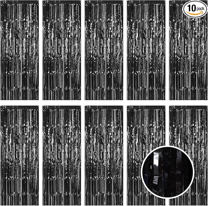 10 Pack Black Foil Curtain Backdrop 3.2ft x 9.8ft Metallic Tinsel Foil Fringe Curtains Streamer Photo Booth Backdrop for Birthday Party Engagement Bachelorette Party Decorations (Black)