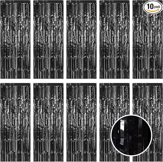 10 Pack Black Foil Curtain Backdrop 3.2ft x 9.8ft Metallic Tinsel Foil Fringe Curtains Streamer Photo Booth Backdrop for Birthday Party Engagement Bachelorette Party Decorations (Black)