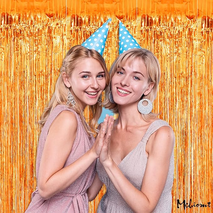 4 Pack Orange Fringe Curtain Backdrop, 3.2Ft x 9.8Ft Metallic Tinsel Foil Fringe Streamers Background for Photo Booth Birthday Wedding Baby Shower Carnival Easter Mother’s Day Party Decorations